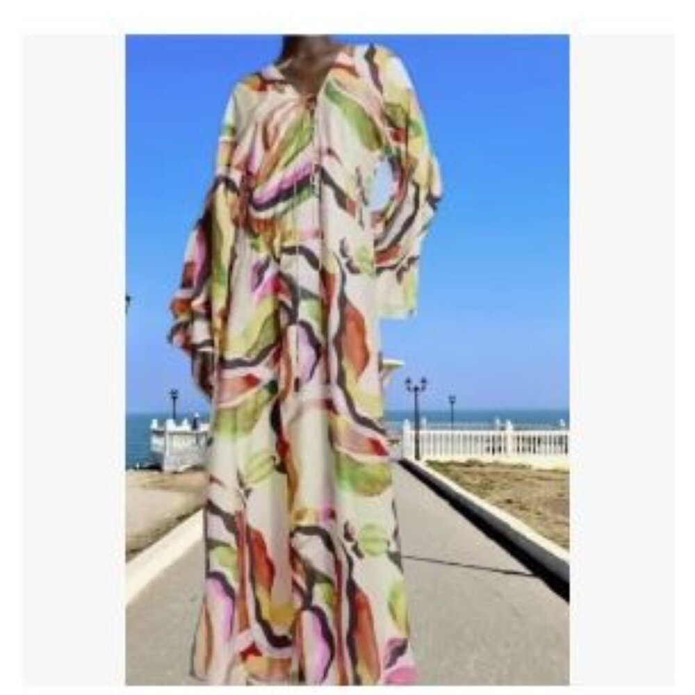 H&M Limited Edition Cream Patterned Lace-up Kaftan Dress sz S